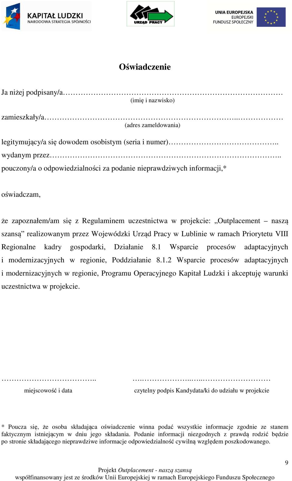 Wojewódzki Urząd Pracy w Lublinie w ramach Priorytetu VIII Regionalne kadry gospodarki, Działanie 8.1 