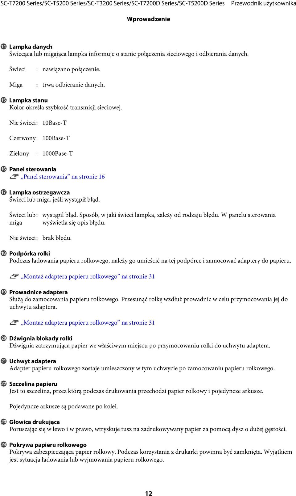 Nie świeci: Czerwony: 10Base-T 100Base-T Zielony : 1000Base-T P Panel sterowania U Panel sterowania na stronie 16 Q Lampka ostrzegawcza Świeci lub miga, jeśli wystąpił błąd.