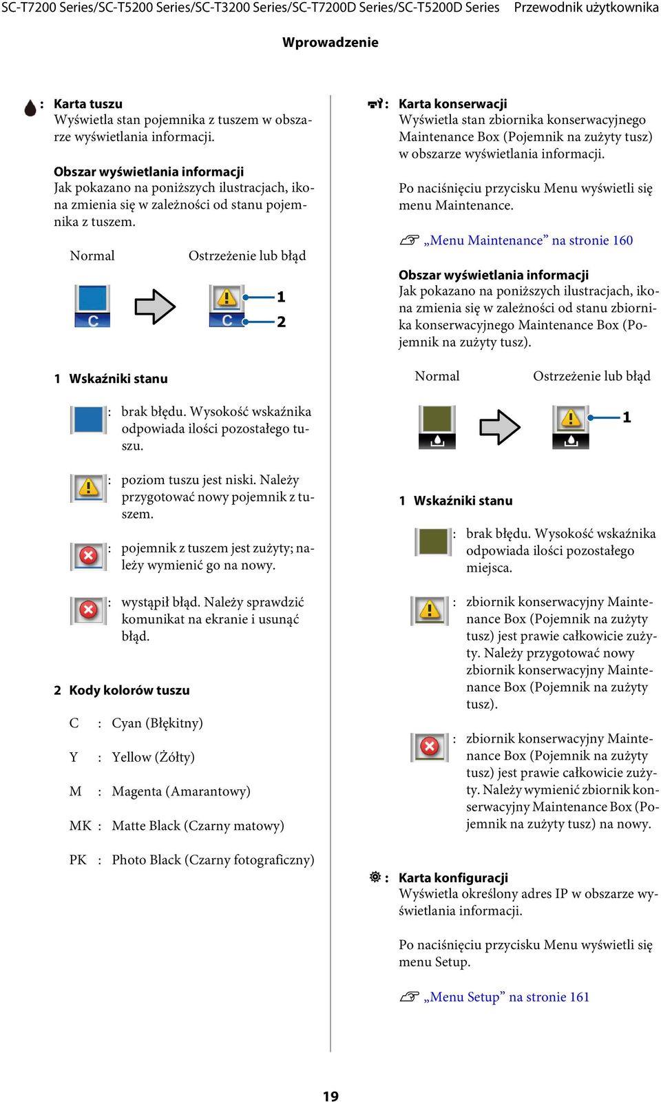 Normal Ostrzeżenie lub błąd - : Karta konserwacji Wyświetla stan zbiornika konserwacyjnego Maintenance Box (Pojemnik na zużyty tusz) w obszarze wyświetlania informacji.