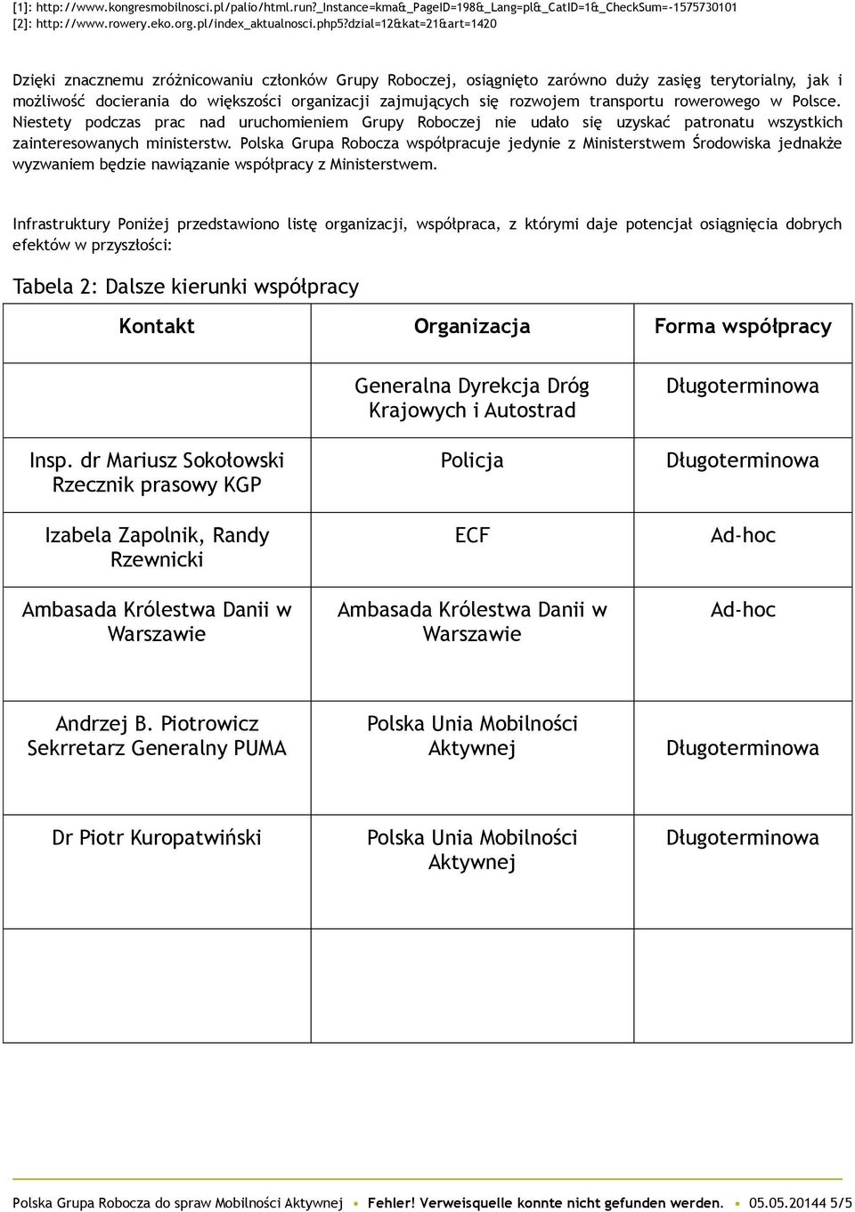 rozwojem transportu rowerowego w Polsce. Niestety podczas prac nad uruchomieniem Grupy Roboczej nie udało się uzyskać patronatu wszystkich zainteresowanych ministerstw.