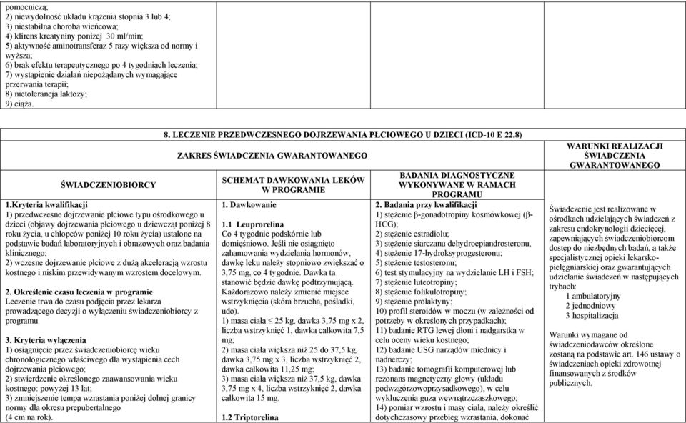 Kryteria kwalifikacji 1) przedwczesne dojrzewanie płciowe typu ośrodkowego u dzieci (objawy dojrzewania płciowego u dziewcząt poniżej 8 roku życia, u chłopców poniżej 10 roku życia) ustalone na