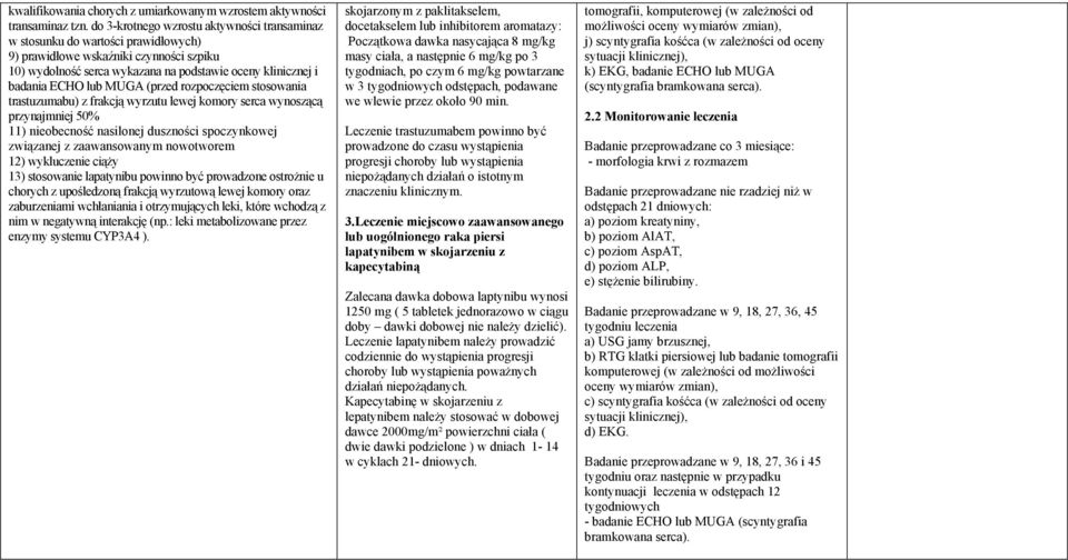 lub MUGA (przed rozpoczęciem stosowania trastuzumabu) z frakcją wyrzutu lewej komory serca wynoszącą przynajmniej 50% 11) nieobecność nasilonej duszności spoczynkowej związanej z zaawansowanym