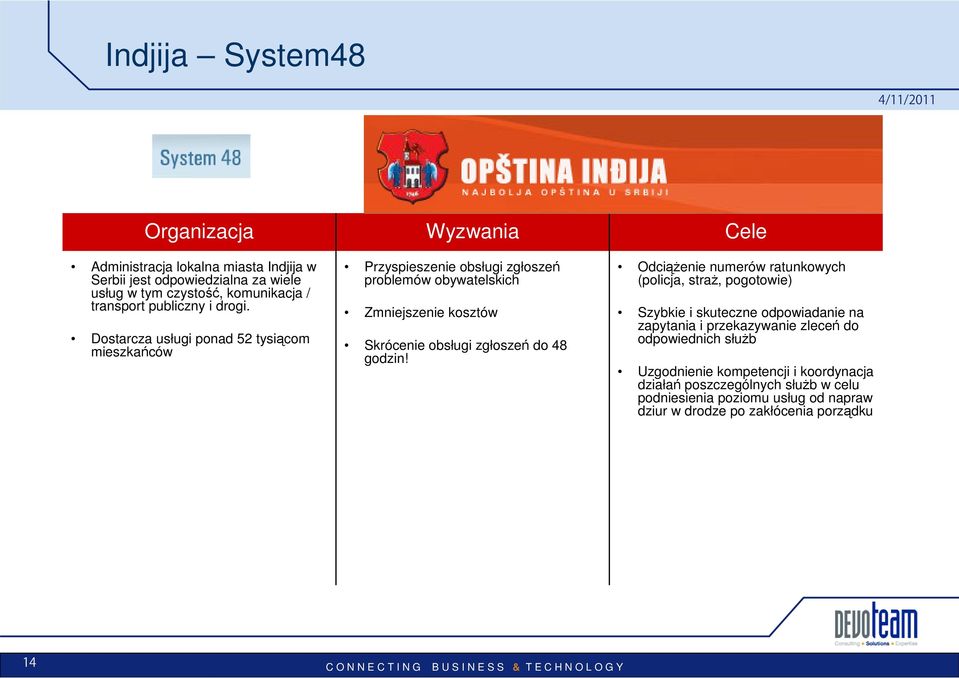 Dostarcza usługi ponad 52 tysiącom mieszkańców Przyspieszenie obsługi zgłoszeń problemów obywatelskich Zmniejszenie kosztów Skrócenie obsługi zgłoszeń do 48