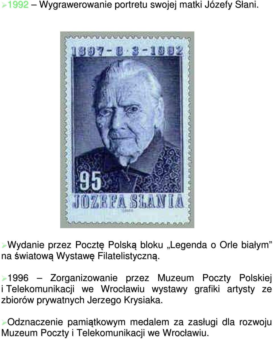 1996 Zorganizowanie przez Muzeum Poczty Polskiej i Telekomunikacji we Wrocławiu wystawy grafiki