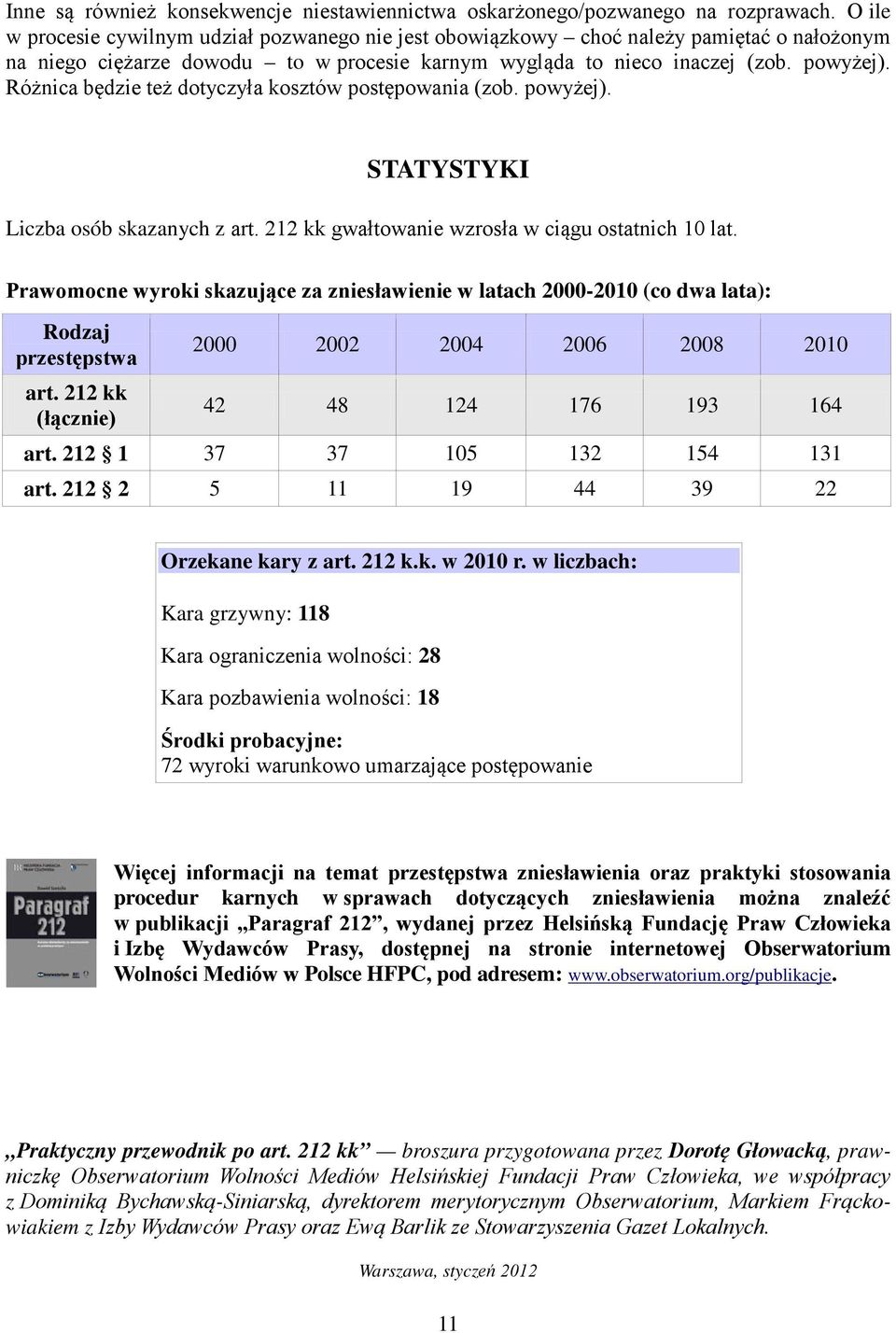 Różnica będzie też dotyczyła kosztów postępowania (zob. powyżej). STATYSTYKI Liczba osób skazanych z art. 212 kk gwałtowanie wzrosła w ciągu ostatnich 10 lat.
