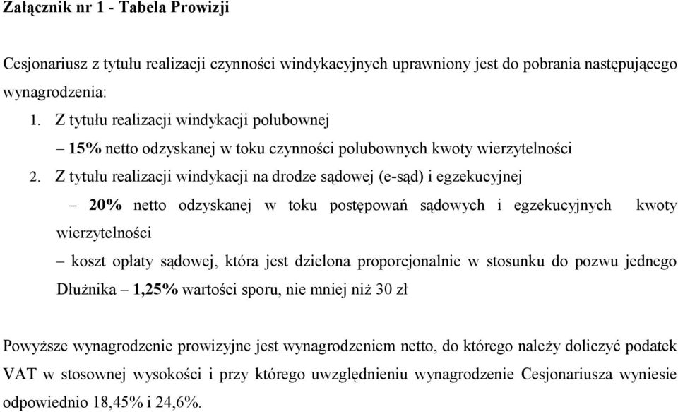 Z tytułu realizacji windykacji na drodze sądowej (e-sąd) i egzekucyjnej 20% netto odzyskanej w toku postępowań sądowych i egzekucyjnych kwoty wierzytelności koszt opłaty sądowej, która jest