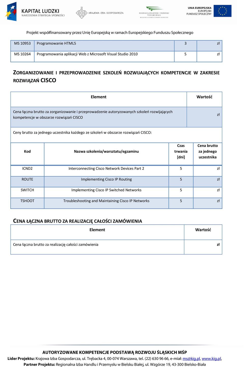 ze szkoleń w obszarze rozwiązań CISCO: Kod Nazwa szkolenia/warsztatu/egzaminu Czas trwania [dni] Cena brutto za jednego uczestnika ICND2 Interconnecting Cisco Network Devices Part 2 5 zł ROUTE