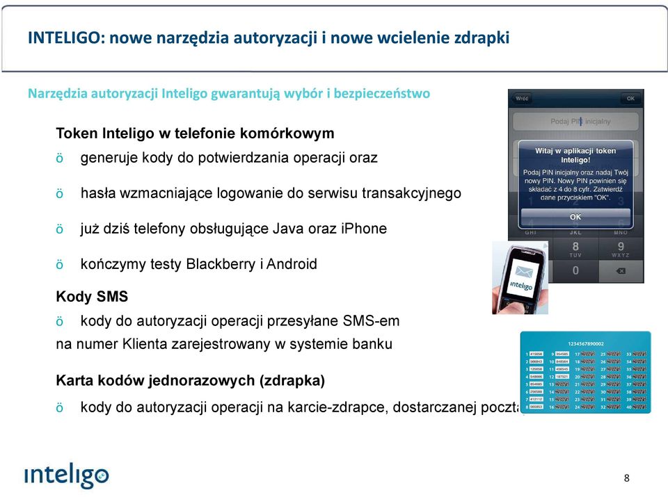 hasła wzmacniające logowanie do serwisu transakcyjnego ö już dziś telefony obsługujące Java oraz iphone ö kończymy testy Blackberry i Android Kody SMS ö