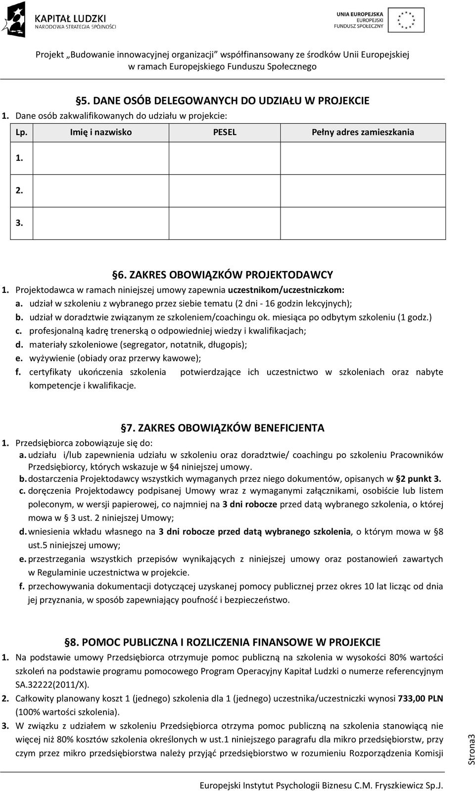 udział w doradztwie związanym ze szkoleniem/coachingu ok. miesiąca po odbytym szkoleniu (1 godz.) c. profesjonalną kadrę trenerską o odpowiedniej wiedzy i kwalifikacjach; d.