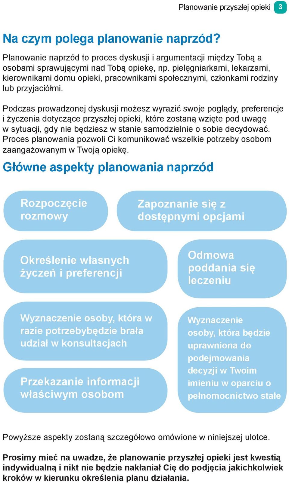 Podczas prowadzonej dyskusji możesz wyrazić swoje poglądy, preferencje i życzenia dotyczące przyszłej opieki, które zostaną wzięte pod uwagę w sytuacji, gdy nie będziesz w stanie samodzielnie o sobie