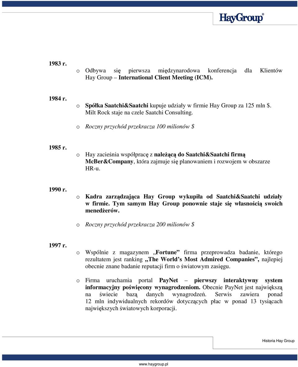 o Hay zacieśnia współpracę z należącą do Saatchi&Saatchi firmą McBer&Company, która zajmuje się planowaniem i rozwojem w obszarze HR-u. 1990 r.
