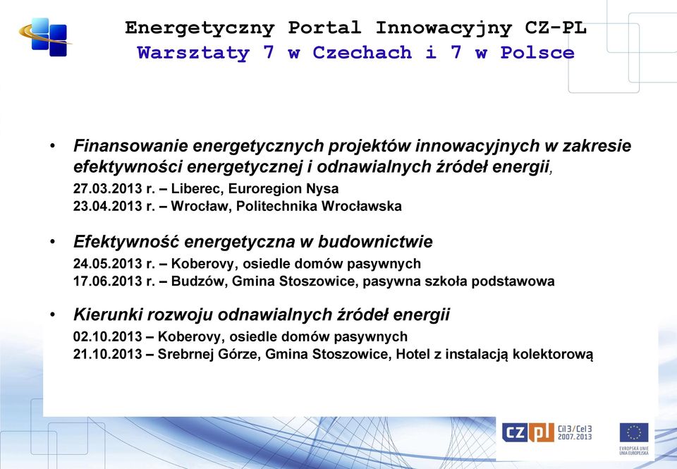 05.2013 r. Koberovy, osiedle domów pasywnych 17.06.2013 r. Budzów, Gmina Stoszowice, pasywna szkoła podstawowa Kierunki rozwoju odnawialnych źródeł energii 02.