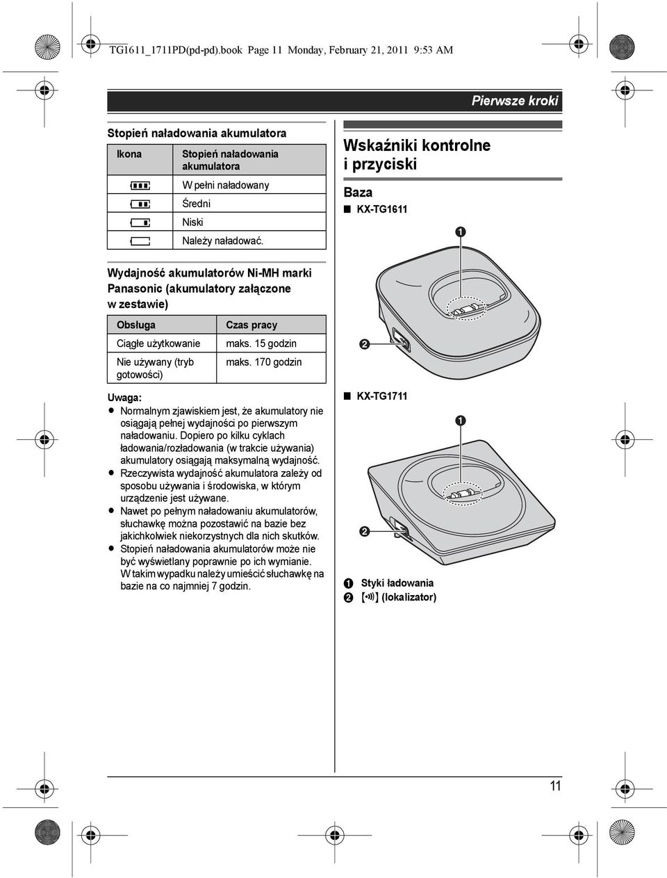 Wskaźniki kontrolne i przyciski Baza KX-TG1611 A Wydajność akumulatorów Ni-MH marki Panasonic (akumulatory załączone w zestawie) Obsługa Ciągłe użytkowanie Nie używany (tryb gotowości) Czas pracy