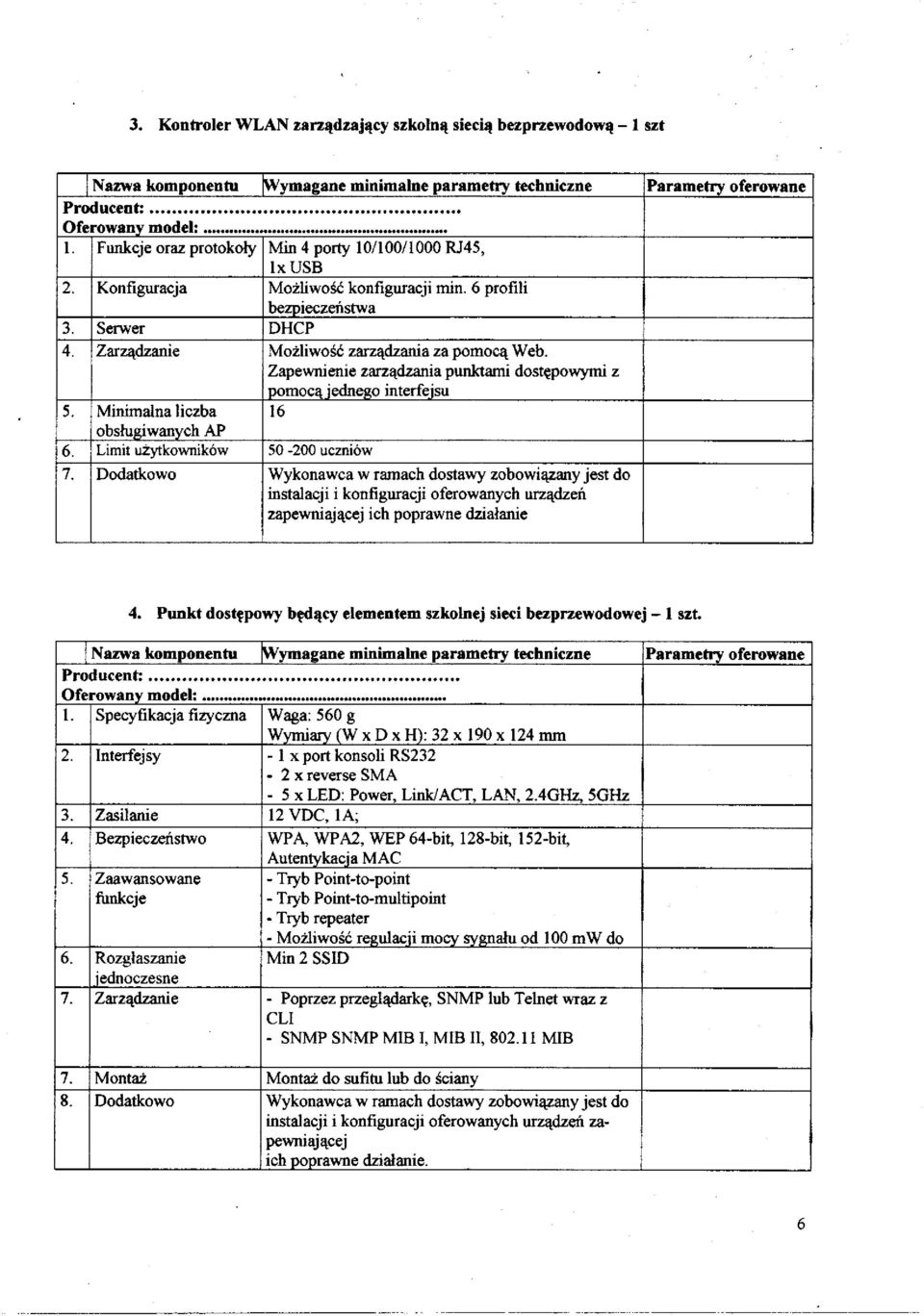 Zapewnienie zarządzania punktami dostępowymi z pomocą jednego interfejsu 5. Minimalna liczba 16 obsługiwanych AP 6. Limit użytkowników 50-200 uczniów 7.