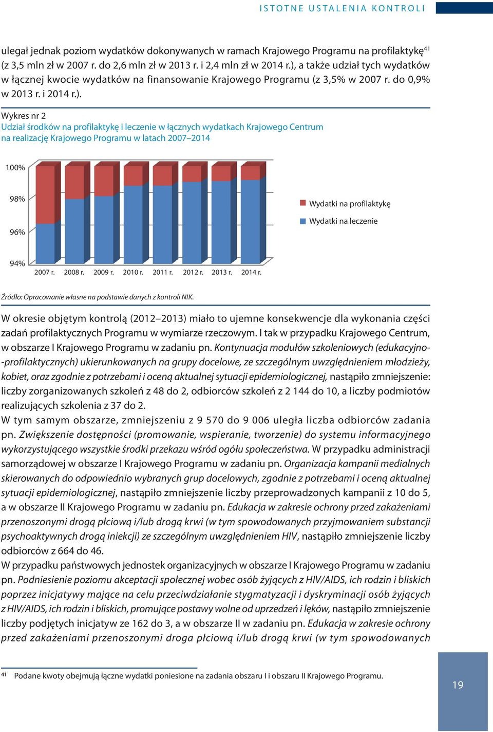 a także udział tych wydatków w łącznej kwocie wydatków na finansowanie Krajowego Programu (z 3,5% w 2007 r. do 0,9% w 2013 r. i 2014 r.).