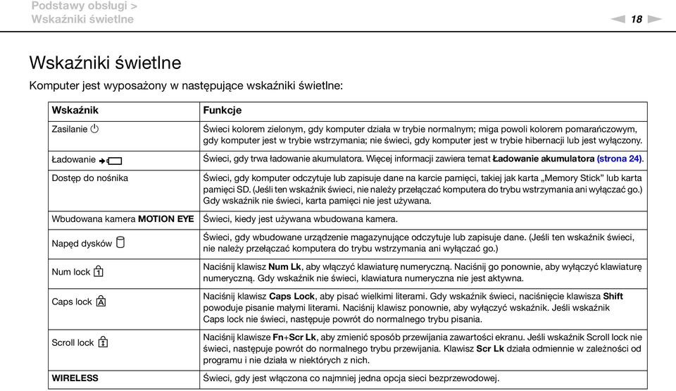 Ładowanie Świeci, gdy trwa ładowanie akumulatora. Więcej informacji zawiera temat Ładowanie akumulatora (strona 24).