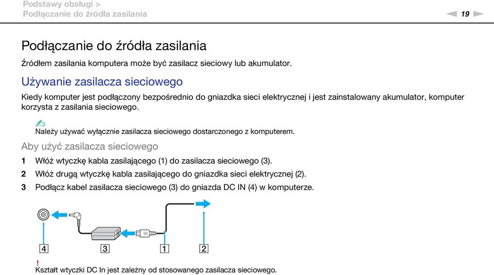 ależy używać wyłącznie zasilacza sieciowego dostarczonego z komputerem. Aby użyć zasilacza sieciowego 1 Włóż wtyczkę kabla zasilającego (1) do zasilacza sieciowego (3).