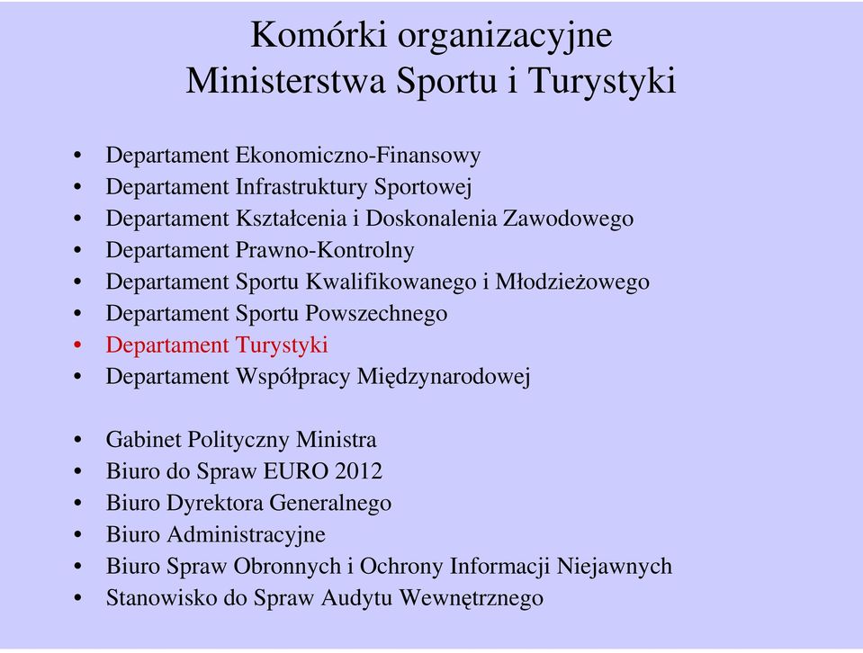 Departament Sportu Powszechnego Departament Turystyki Departament Współpracy Międzynarodowej Gabinet Polityczny Ministra Biuro do Spraw