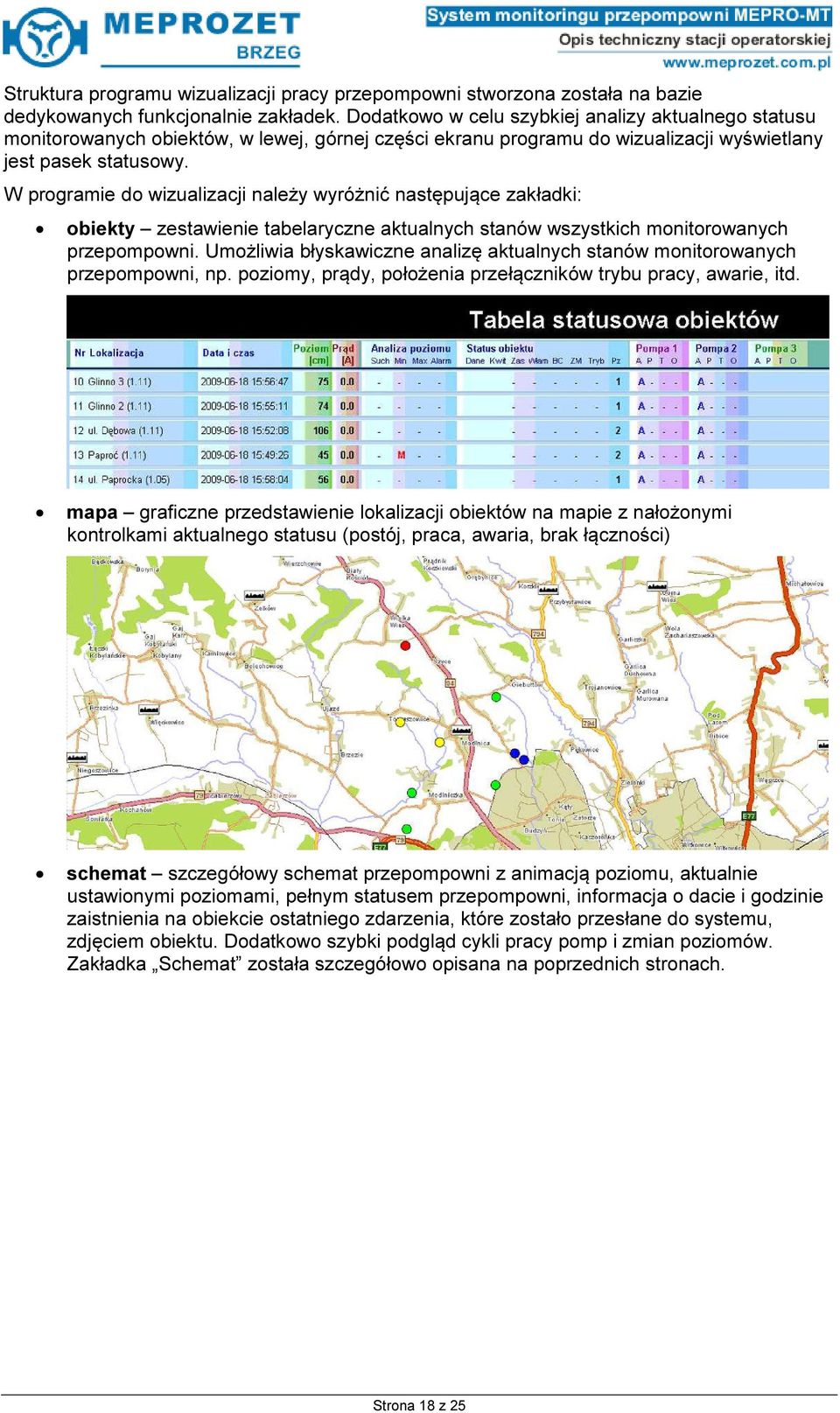 W programie do wizualizacji należy wyróżnić następujące zakładki: obiekty zestawienie tabelaryczne aktualnych stanów wszystkich monitorowanych przepompowni.