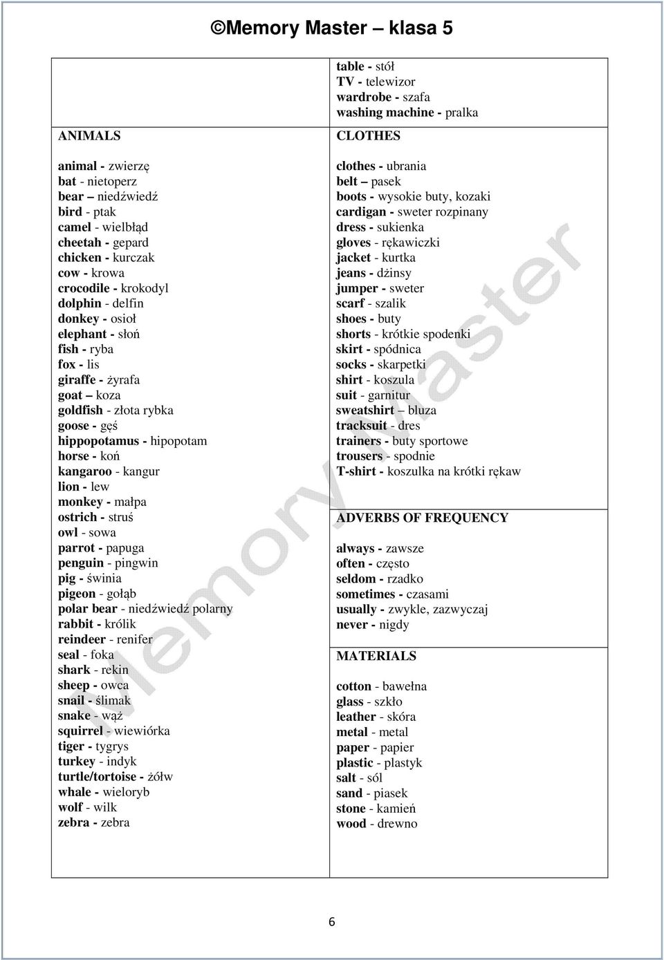 parrot - papuga penguin - pingwin pig - świnia pigeon - gołąb polar bear - niedźwiedź polarny rabbit - królik reindeer - renifer seal - foka shark - rekin sheep - owca snail - ślimak snake - wąż