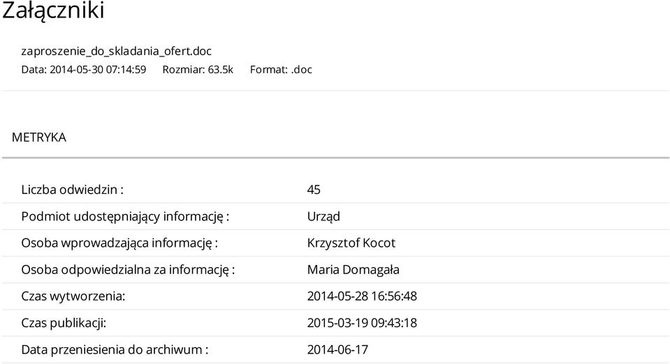 informację : Osoba odpowiedzialna za informację : Urząd Krzysztof Kocot Maria Domagała Czas