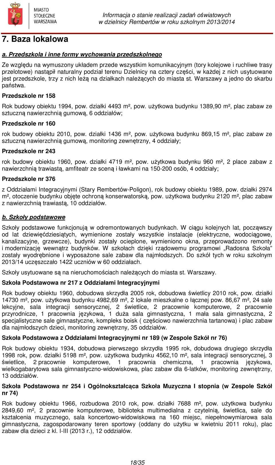 Dzielnicy na cztery części, w każdej z nich usytuowane jest przedszkole, trzy z nich leżą na działkach należących do miasta st. Warszawy a jedno do skarbu państwa.