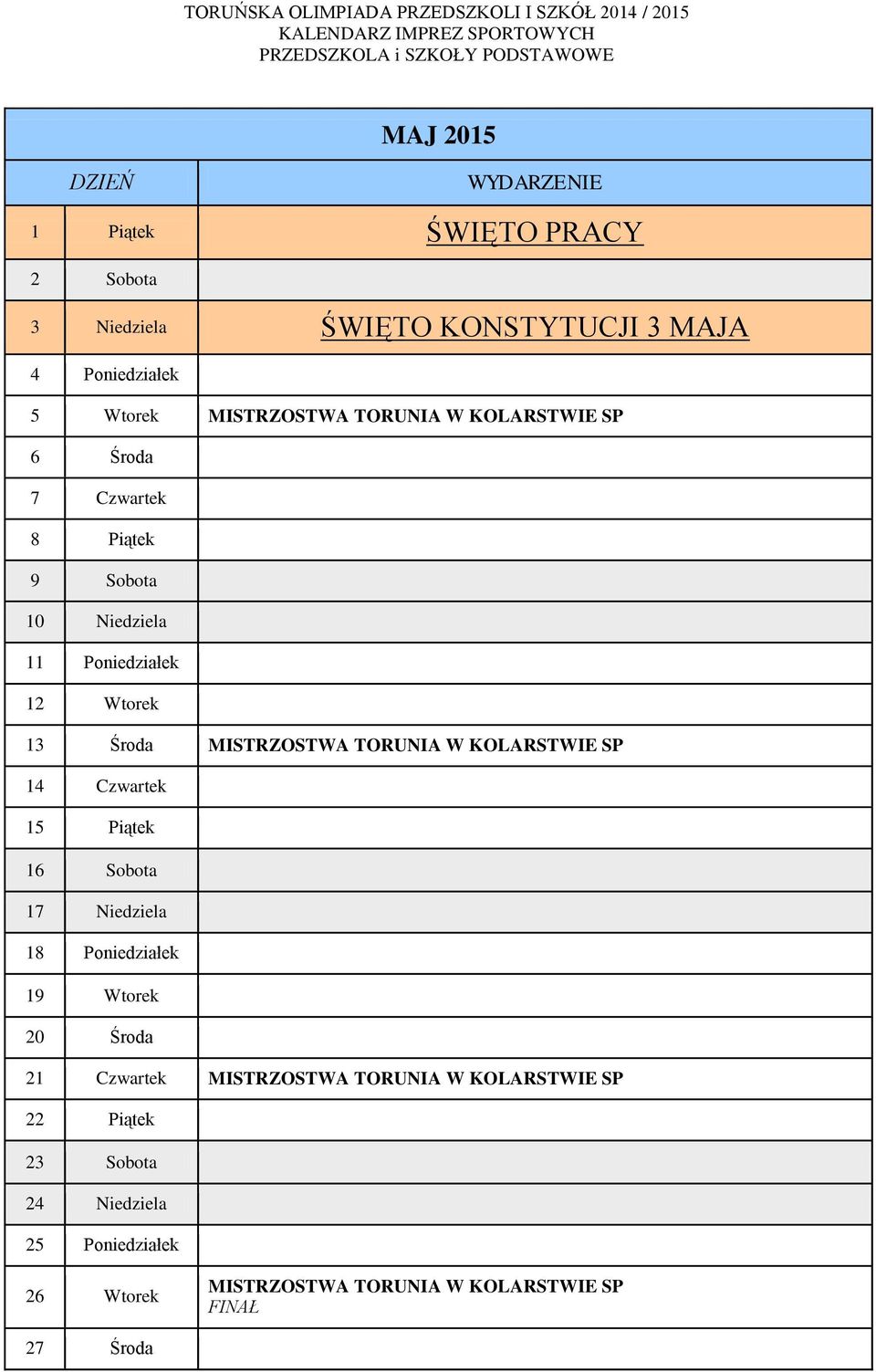 KOLARSTWIE SP 14 Czwartek 15 Piątek 16 Sobota 17 Niedziela 18 Poniedziałek 19 Wtorek 20 Środa 21 Czwartek MISTRZOSTWA