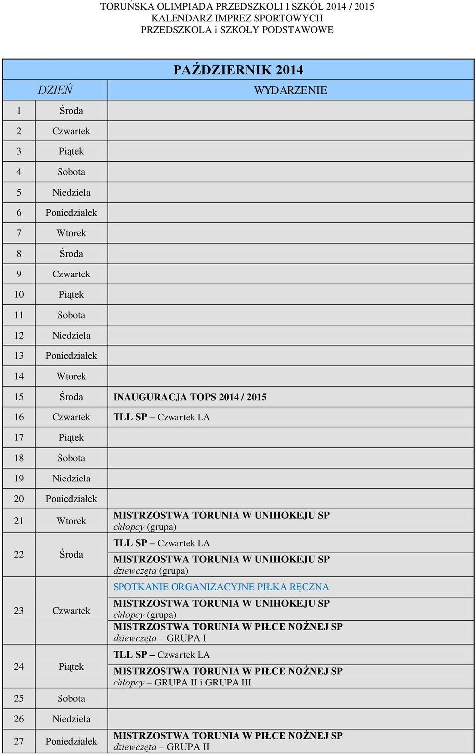 25 Sobota 26 Niedziela 27 Poniedziałek MISTRZOSTWA TORUNIA W UNIHOKEJU SP chłopcy (grupa) TLL SP Czwartek LA MISTRZOSTWA TORUNIA W UNIHOKEJU SP dziewczęta (grupa)