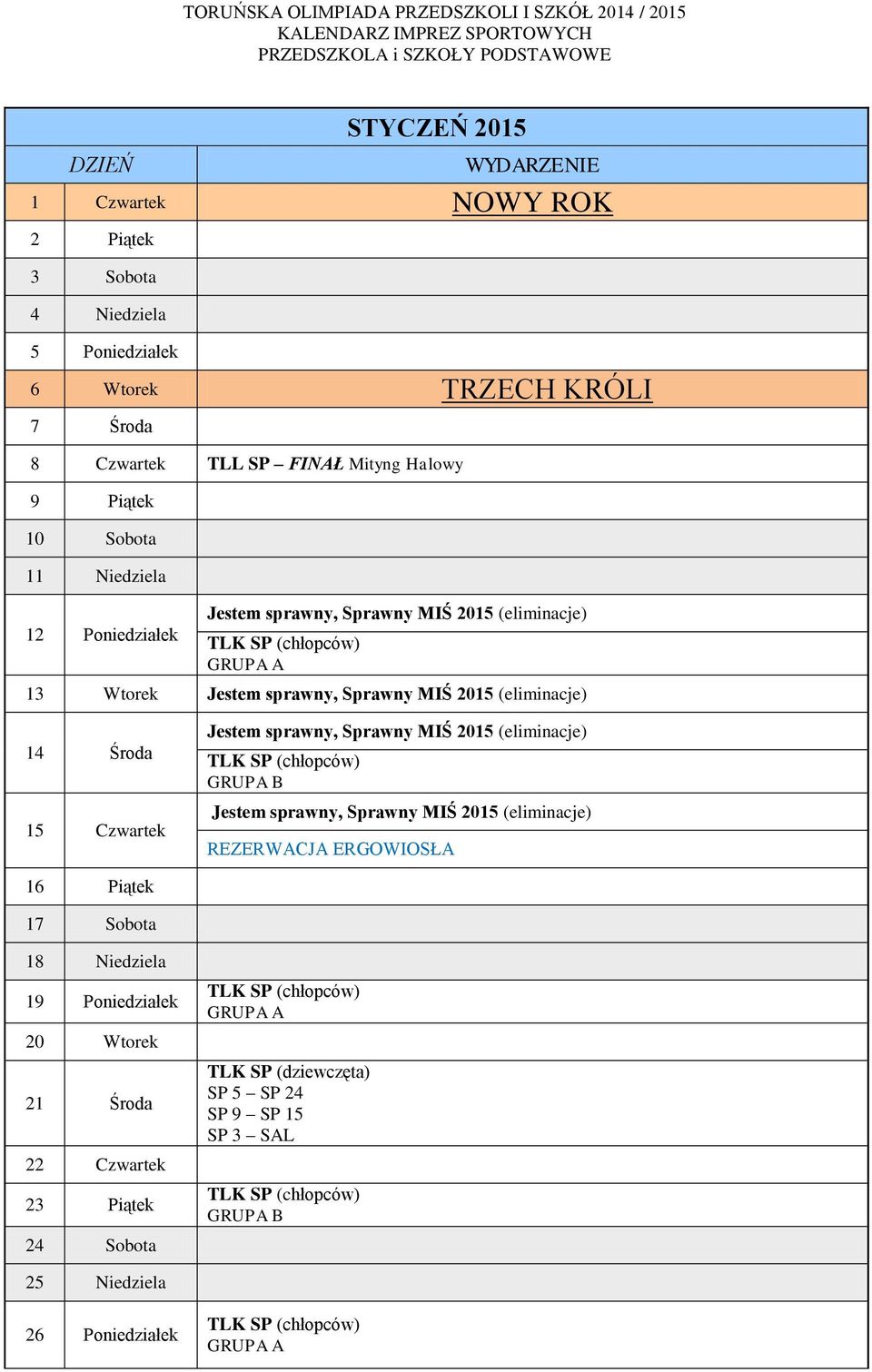 Czwartek Jestem sprawny, Sprawny MIŚ 2015 (eliminacje) GRUPA B Jestem sprawny, Sprawny MIŚ 2015 (eliminacje) REZERWACJA ERGOWIOSŁA 16 Piątek 17 Sobota 18