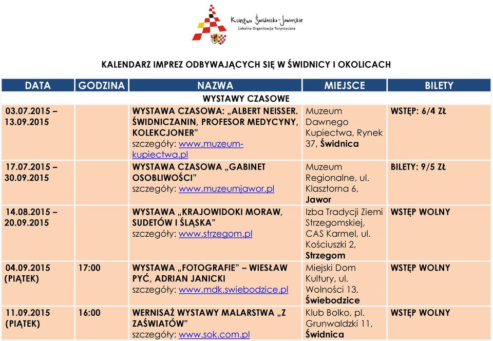 pl WYSTAWA KRAJOWIDOKI MORAW, SUDETÓW I ŚLĄSKA szczegóły: www.strzegom.pl 17:00 WYSTAWA FOTOGRAFIE WIESŁAW PYĆ, ADRIAN JANICKI szczegóły: www.mdk.swiebodzice.