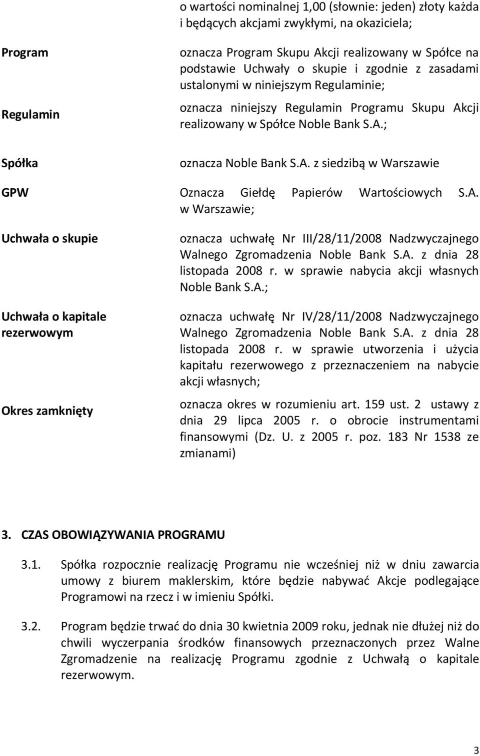A. z siedzibą w Warszawie Oznacza Giełdę Papierów Wartościowych S.A. w Warszawie; oznacza uchwałę Nr III/28/11/2008 Nadzwyczajnego Walnego Zgromadzenia Noble Bank S.A. z dnia 28 listopada 2008 r.