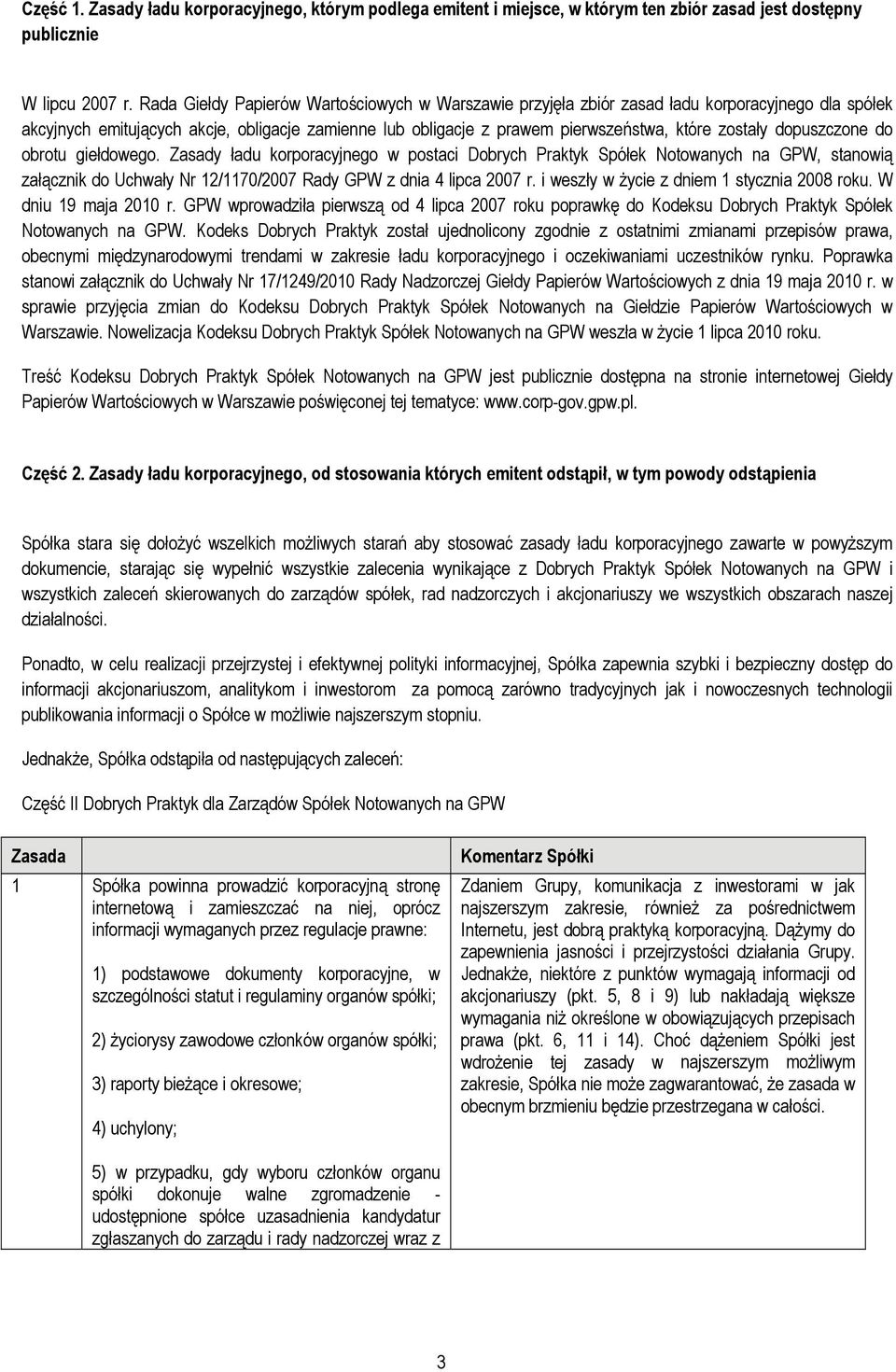 dopuszczone do obrotu giełdowego. Zasady ładu korporacyjnego w postaci Dobrych Praktyk Spółek Notowanych na GPW, stanowią załącznik do Uchwały Nr 12/1170/2007 Rady GPW z dnia 4 lipca 2007 r.
