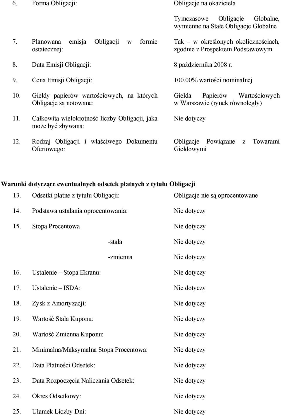 Cena Emisji Obligacji: 100,00% wartości nominalnej 10. Giełdy papierów wartościowych, na których Obligacje są notowane: 11. Całkowita wielokrotność liczby Obligacji, jaka może być zbywana: 12.