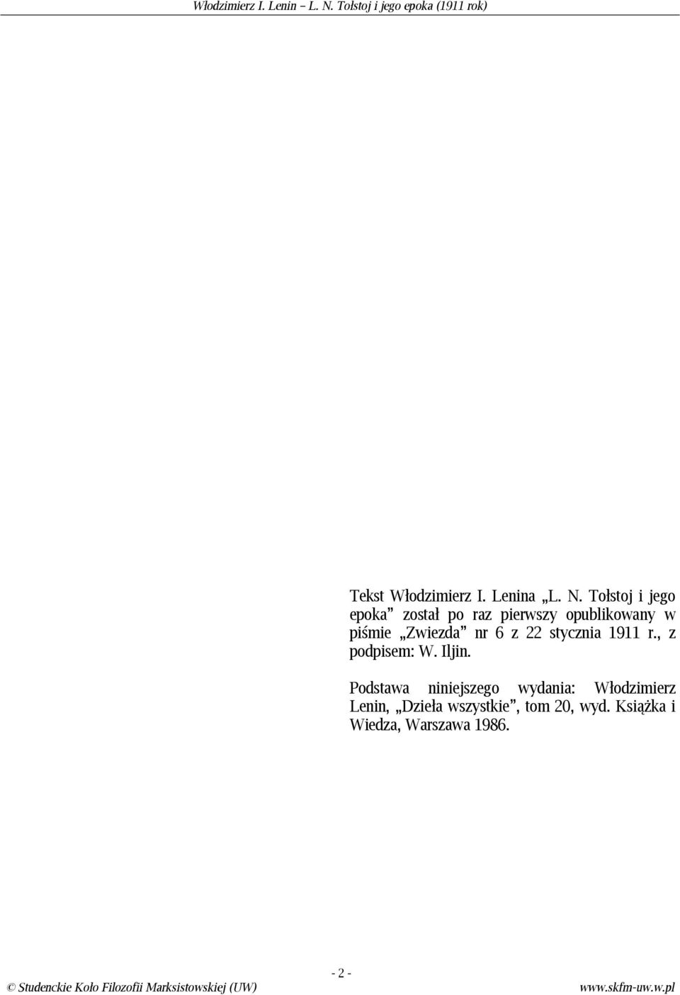 Zwiezda nr 6 z 22 stycznia 1911 r., z podpisem: W. Iljin.