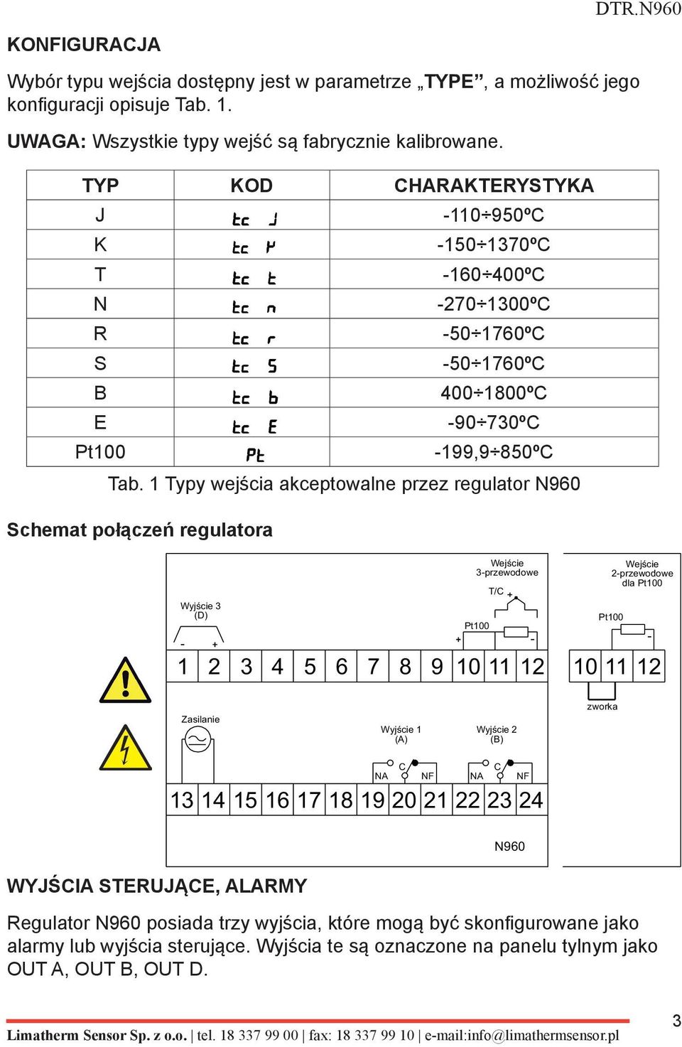 1 Typy wejścia akceptowalne przez regulator N960 - Wejście 3-przewodowe Pt100 T/C Wejście 2-przewodowe dla Pt100 Pt100 - - 1 2 3 4 5 6 7 8 9 10 11 12 10 11 12 Zasilanie Wyjście 1 (A) Wyjście 2 (B)