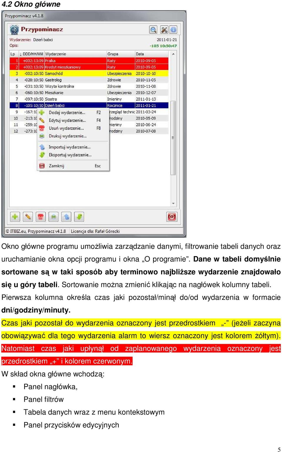 Pierwsza kolumna określa czas jaki pozostał/minął do/od wydarzenia w formacie dni/godziny/minuty.