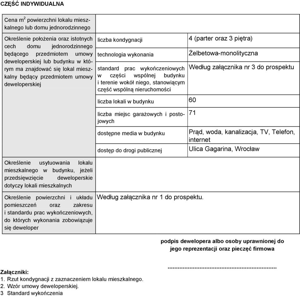 mieszkalnych Określenie powierzchni i układu pomieszczeń oraz zakresu i standardu prac wykończeniowych, do których wykonania zobowiązuje się deweloper liczba kondygnacji technologia wykonania