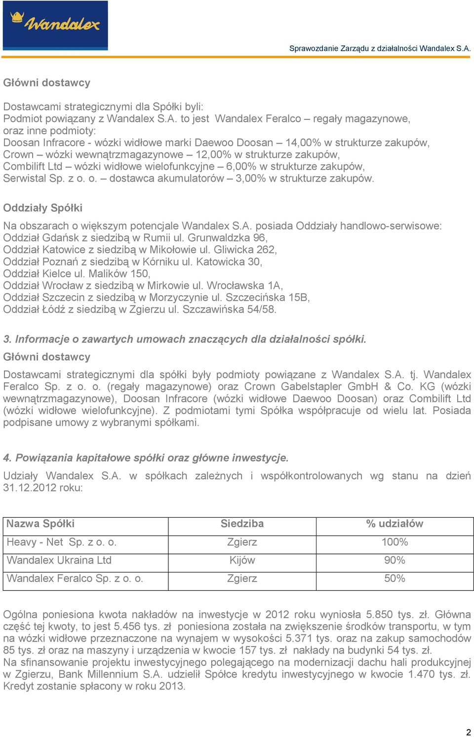 zakupów, Combilift Ltd wózki widłowe wielofunkcyjne 6,00% w strukturze zakupów, Serwistal Sp. z o. o. dostawca akumulatorów 3,00% w strukturze zakupów.