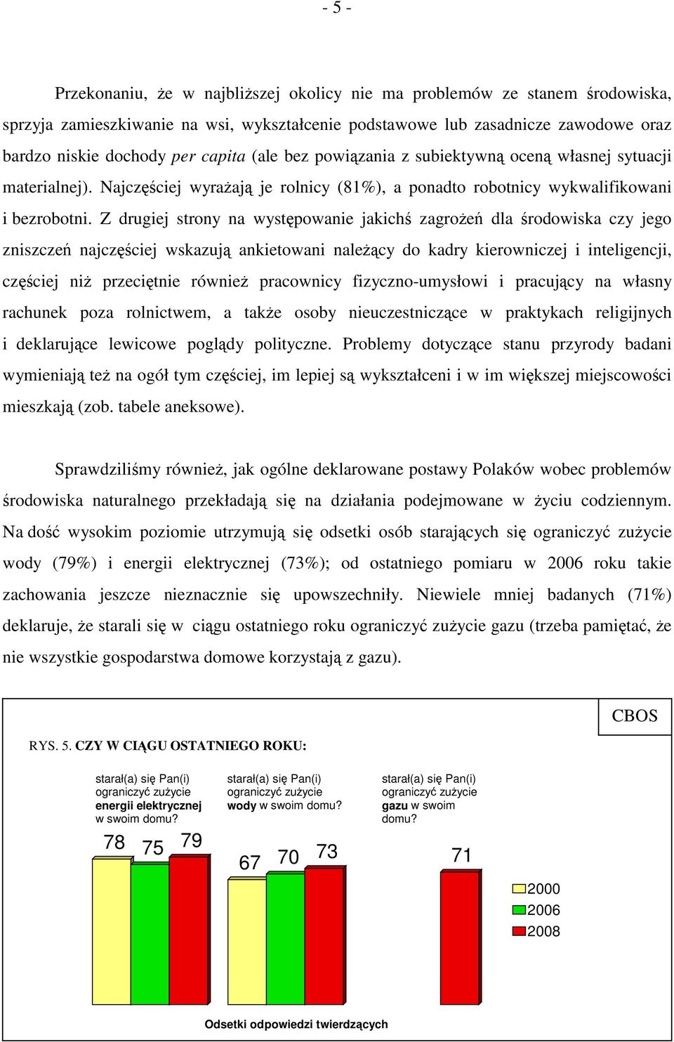Z drugiej strony na występowanie jakichś zagrożeń dla środowiska czy jego zniszczeń najczęściej wskazują ankietowani należący do kadry kierowniczej i inteligencji, częściej niż przeciętnie również