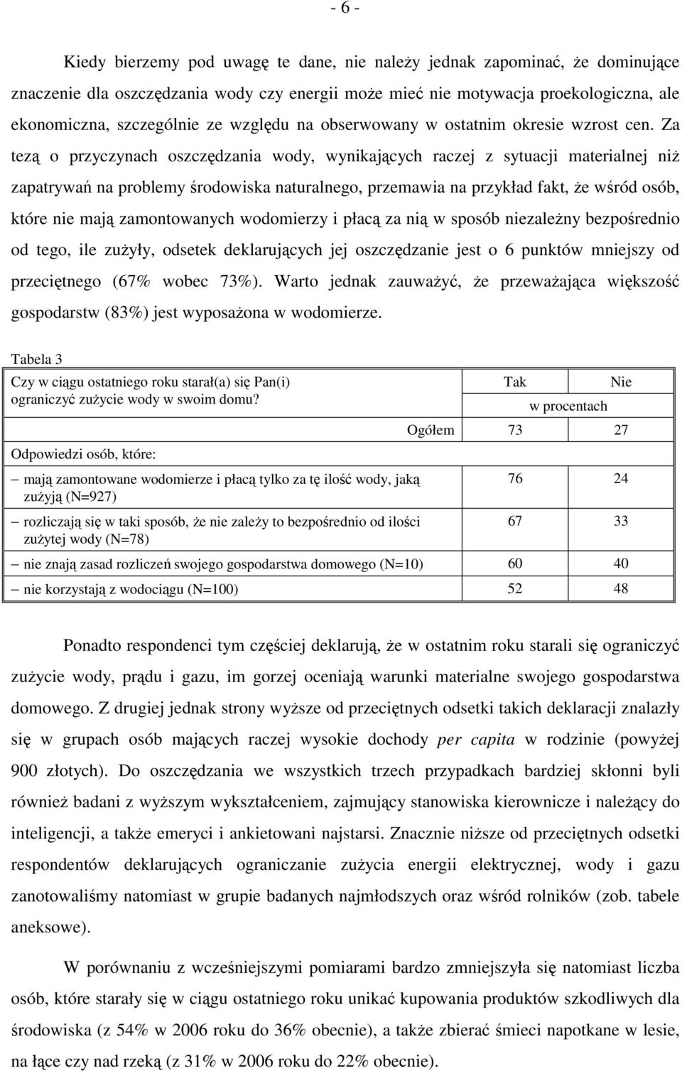 Za tezą o przyczynach oszczędzania wody, wynikających raczej z sytuacji materialnej niż zapatrywań na problemy środowiska naturalnego, przemawia na przykład fakt, że wśród osób, które nie mają