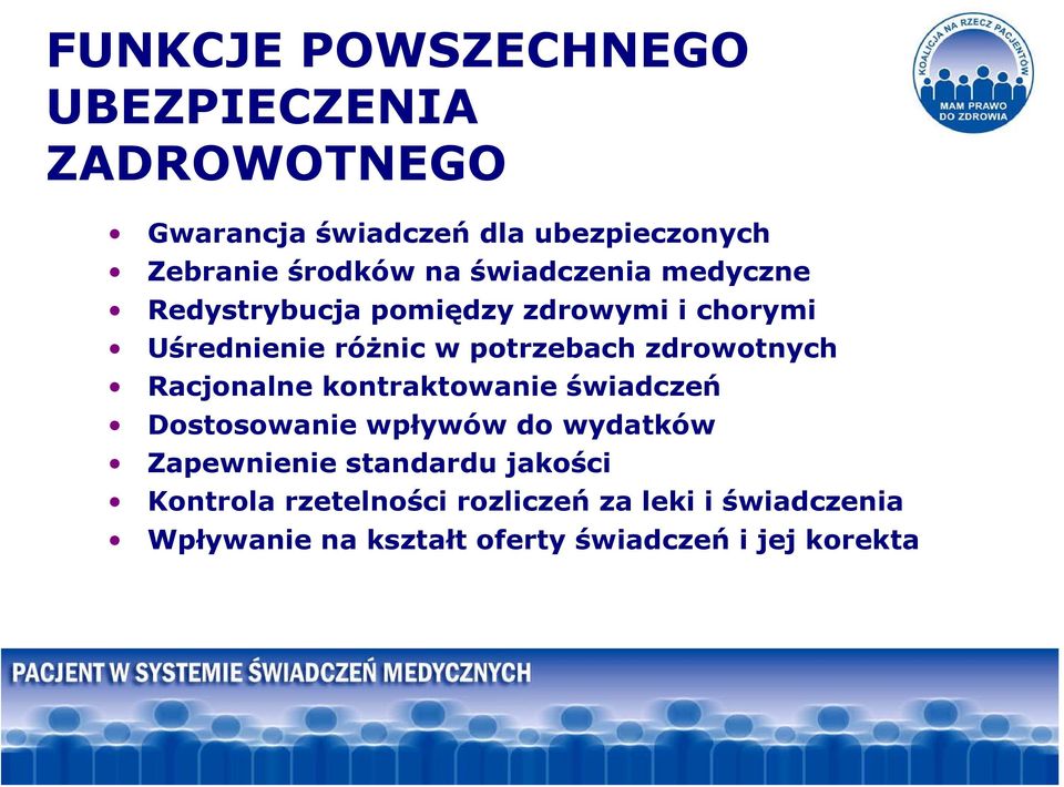 zdrowotnych Racjonalne kontraktowanie świadczeń Dostosowanie wpływów do wydatków Zapewnienie standardu