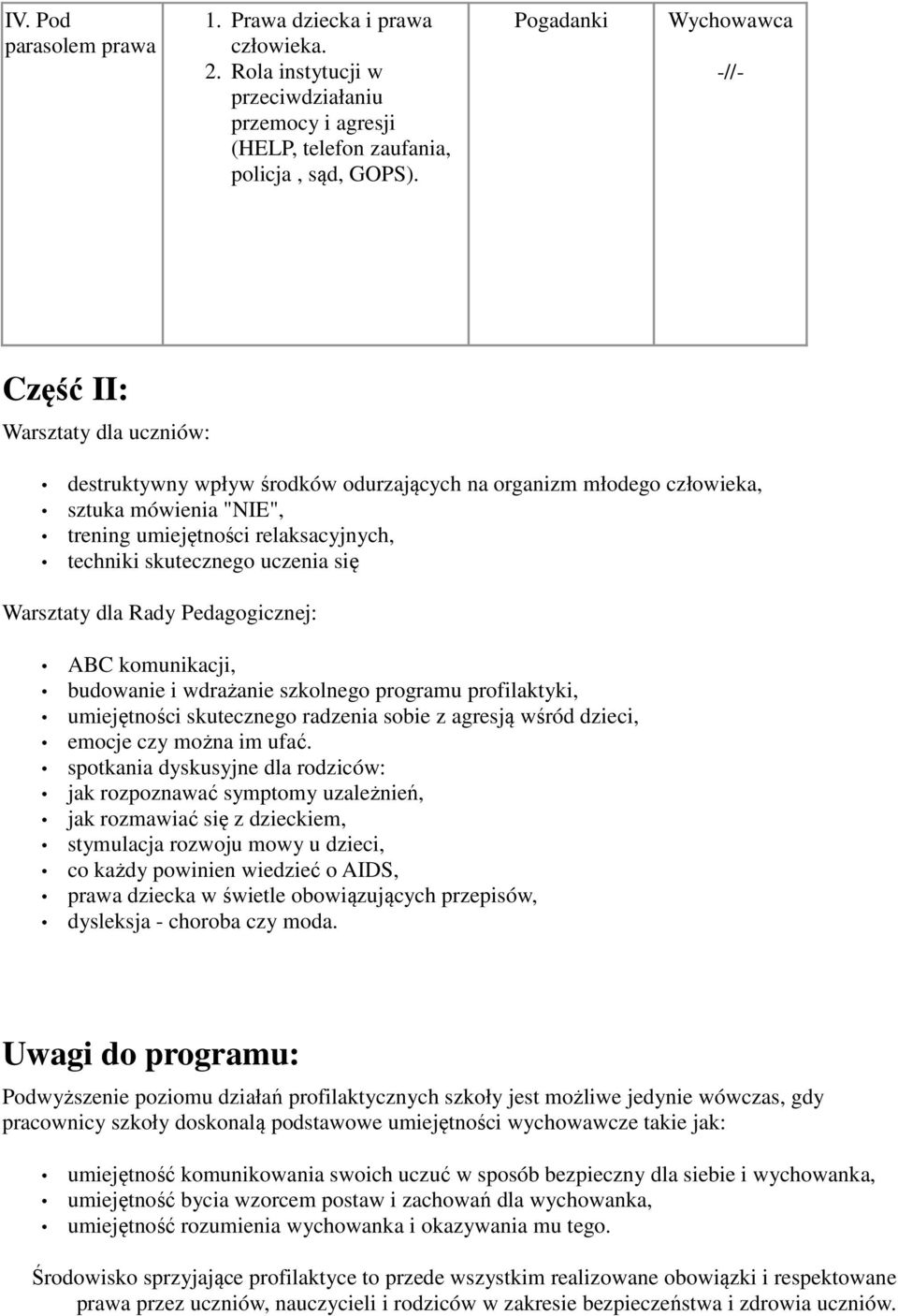 skutecznego uczenia się Warsztaty dla Rady Pedagogicznej: ABC komunikacji, budowanie i wdrażanie szkolnego programu profilaktyki, umiejętności skutecznego radzenia sobie z agresją wśród dzieci,