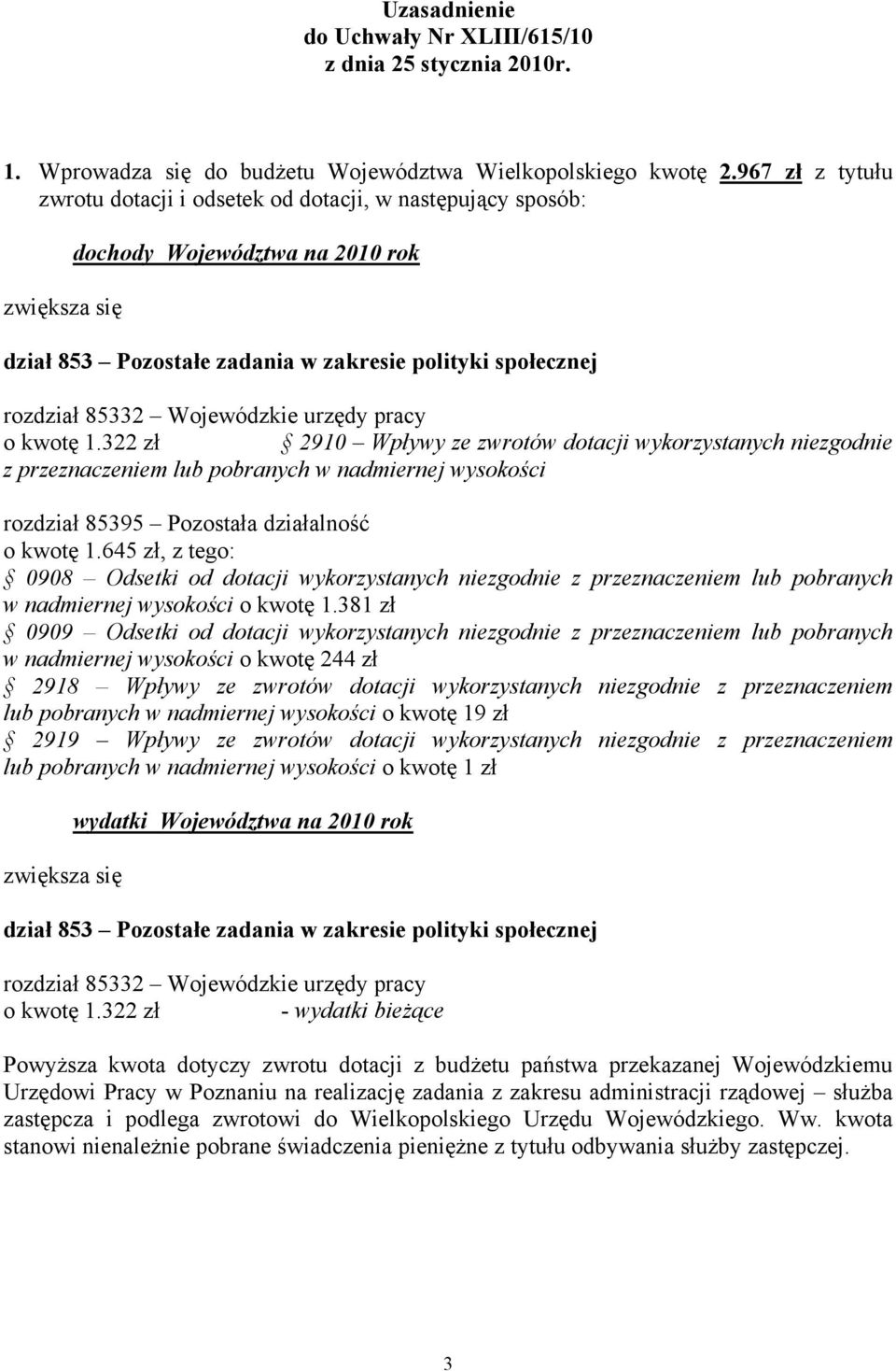 Wojewódzkie urzędy pracy o kwotę 1.322 zł 2910 Wpływy ze zwrotów dotacji wykorzystanych niezgodnie z przeznaczeniem lub pobranych w nadmiernej wysokości rozdział 85395 Pozostała działalność o kwotę 1.