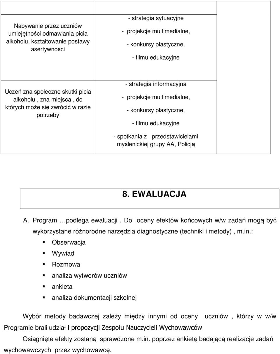 Do oceny efektów końcowych w/w zadań mogą być wykorzystane różnorodne narzędzia diagnostyczne (techniki i metody), m.in.