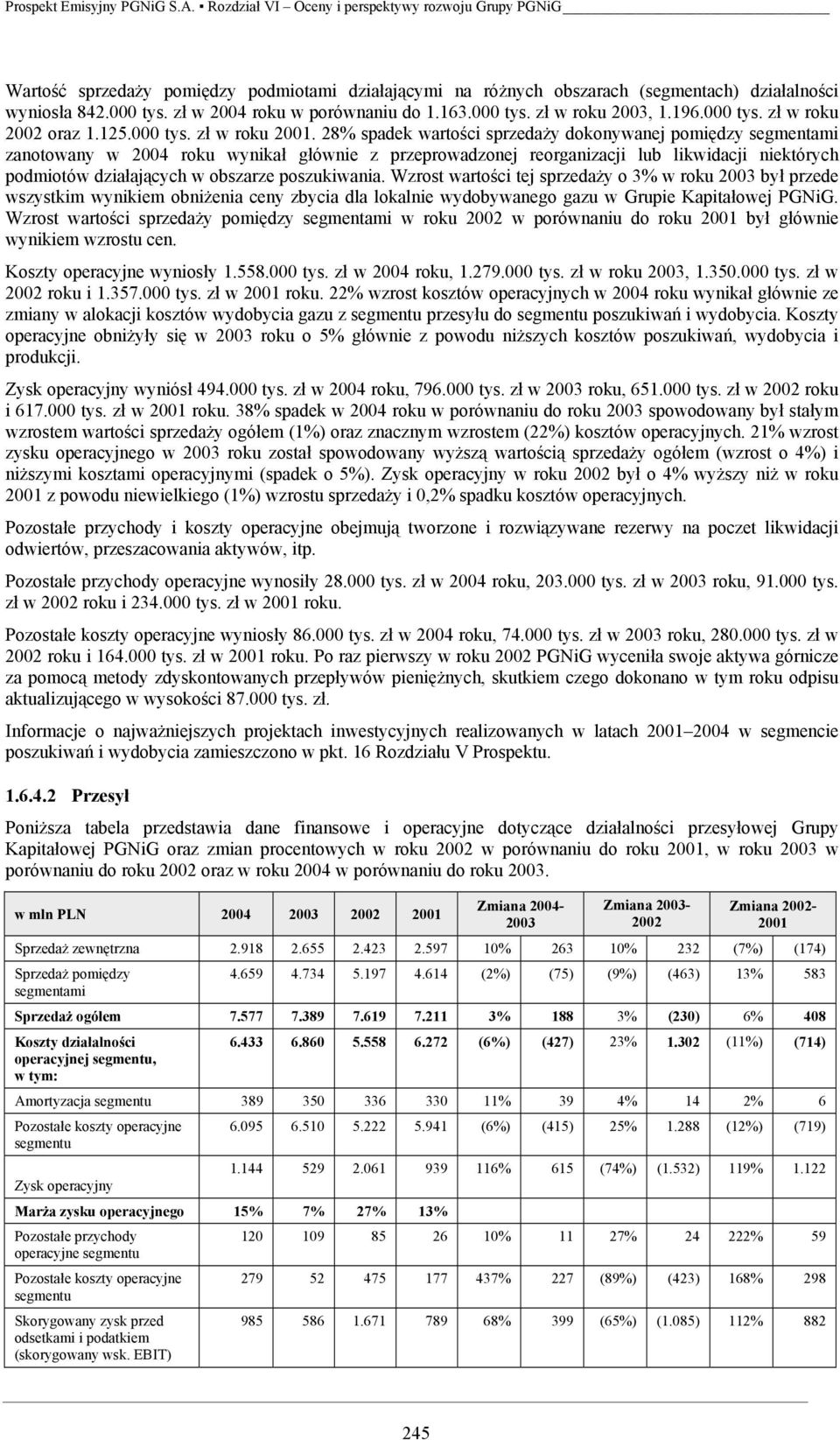 28% spadek wartości sprzedaży dokonywanej pomiędzy segmentami zanotowany w 2004 roku wynikał głównie z przeprowadzonej reorganizacji lub likwidacji niektórych podmiotów działających w obszarze