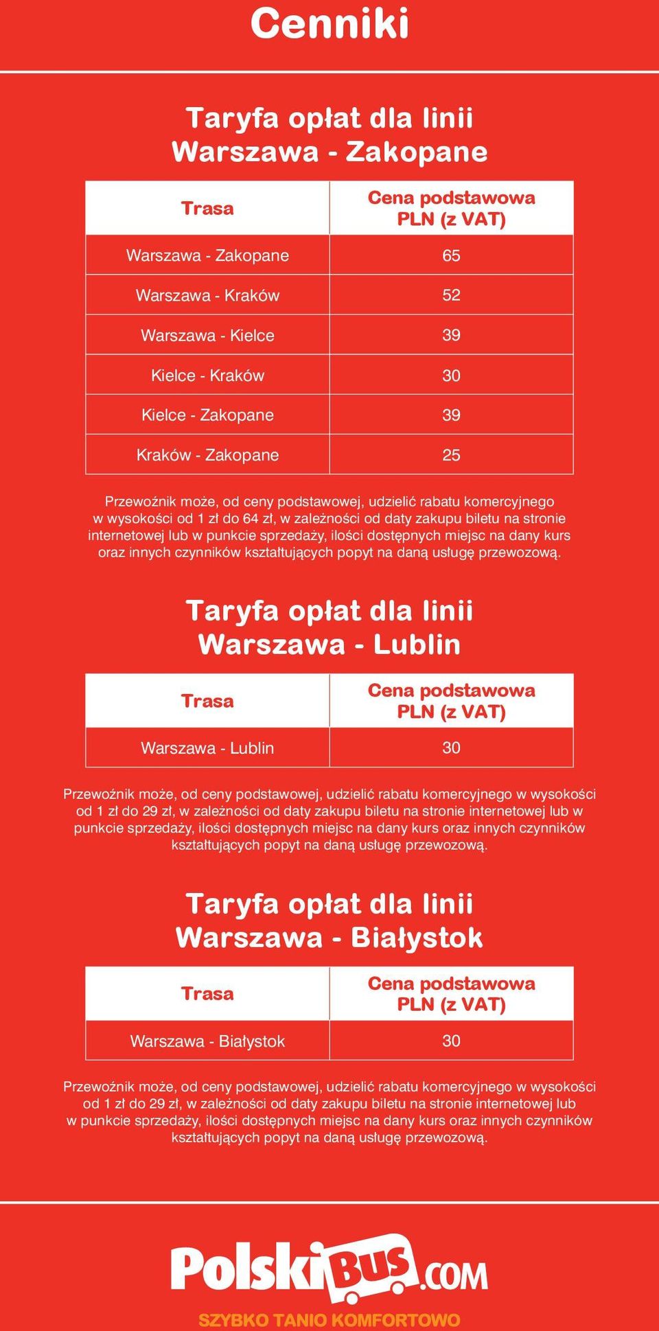 miejsc na dany kurs oraz innych czynników Warszawa - Lublin Warszawa - Lublin 30 od 1 zł do 29 zł, w zależności od daty zakupu biletu na stronie internetowej lub w punkcie