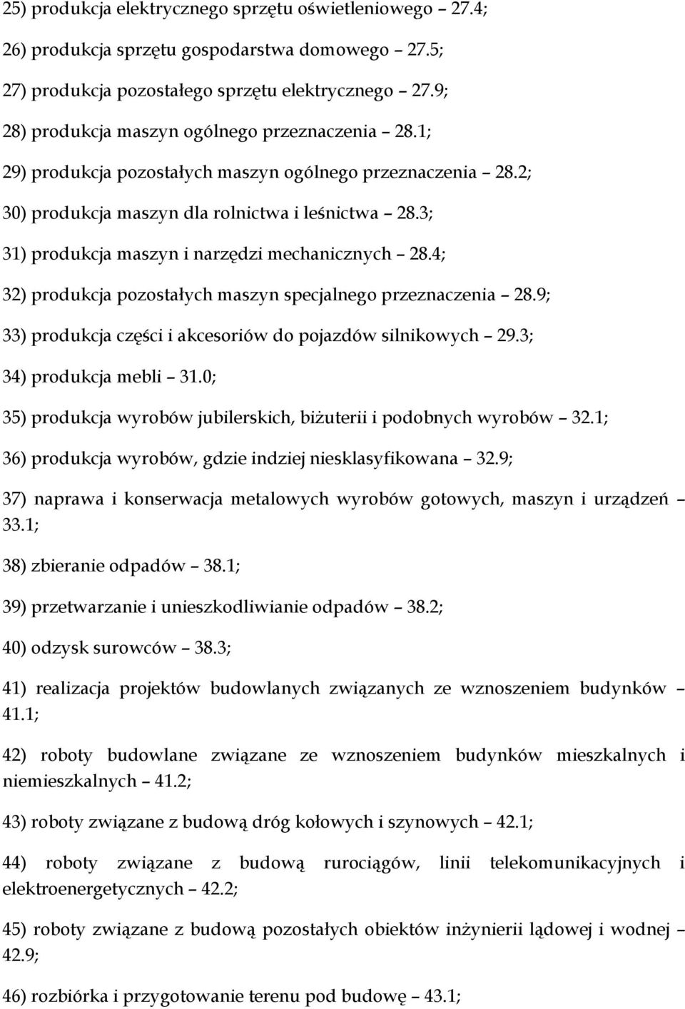 3; 31) produkcja maszyn i narzędzi mechanicznych 28.4; 32) produkcja pozostałych maszyn specjalnego przeznaczenia 28.9; 33) produkcja części i akcesoriów do pojazdów silnikowych 29.