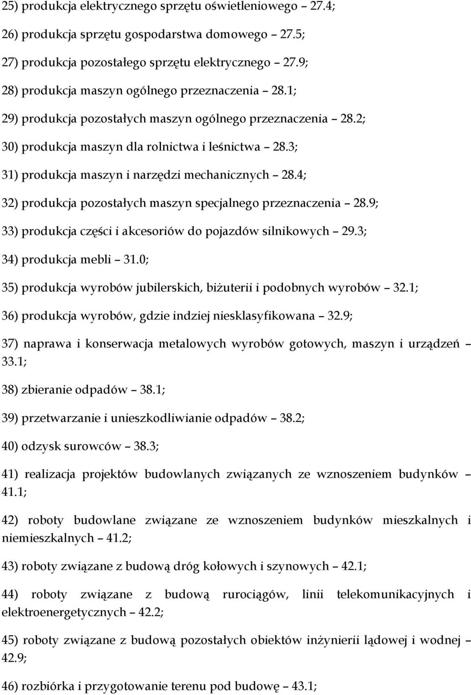 3; 31) produkcja maszyn i narzędzi mechanicznych 28.4; 32) produkcja pozostałych maszyn specjalnego przeznaczenia 28.9; 33) produkcja części i akcesoriów do pojazdów silnikowych 29.