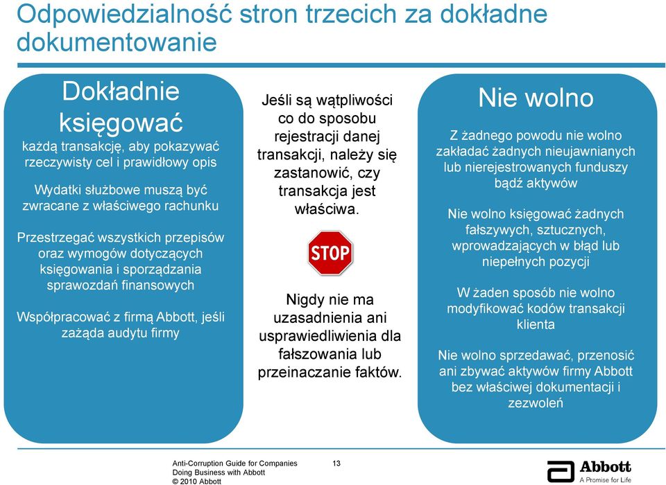 do sposobu rejestracji danej transakcji, należy się zastanowić, czy transakcja jest właściwa. Nigdy nie ma uzasadnienia ani usprawiedliwienia dla fałszowania lub przeinaczanie faktów.