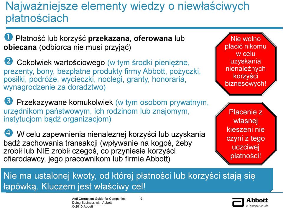 urzędnikom państwowym, ich rodzinom lub znajomym, instytucjom bądź organizacjom) W celu zapewnienia nienależnej korzyści lub uzyskania bądź zachowania transakcji (wpływanie na kogoś, żeby zrobił lub